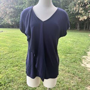 MICHAEL Michael Kors Women's Blouse Ruffle Flutter Sleeve V-Neck Sz S Navy Blue